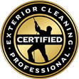 A gold and black seal that says exterior cleaning professional certified.